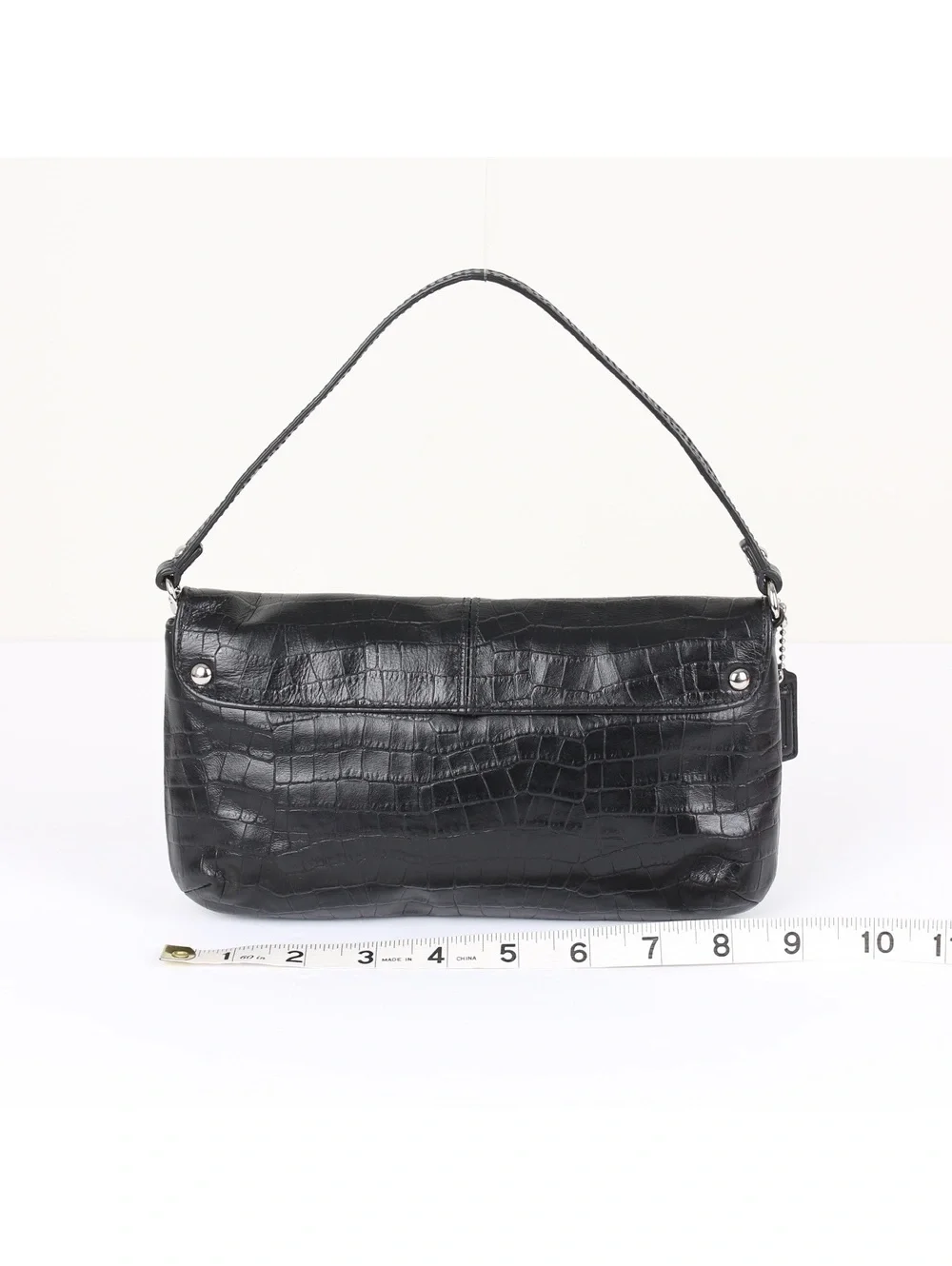 Coach Black Crocodile Embossed Leather Small Bag Silver Script Logo